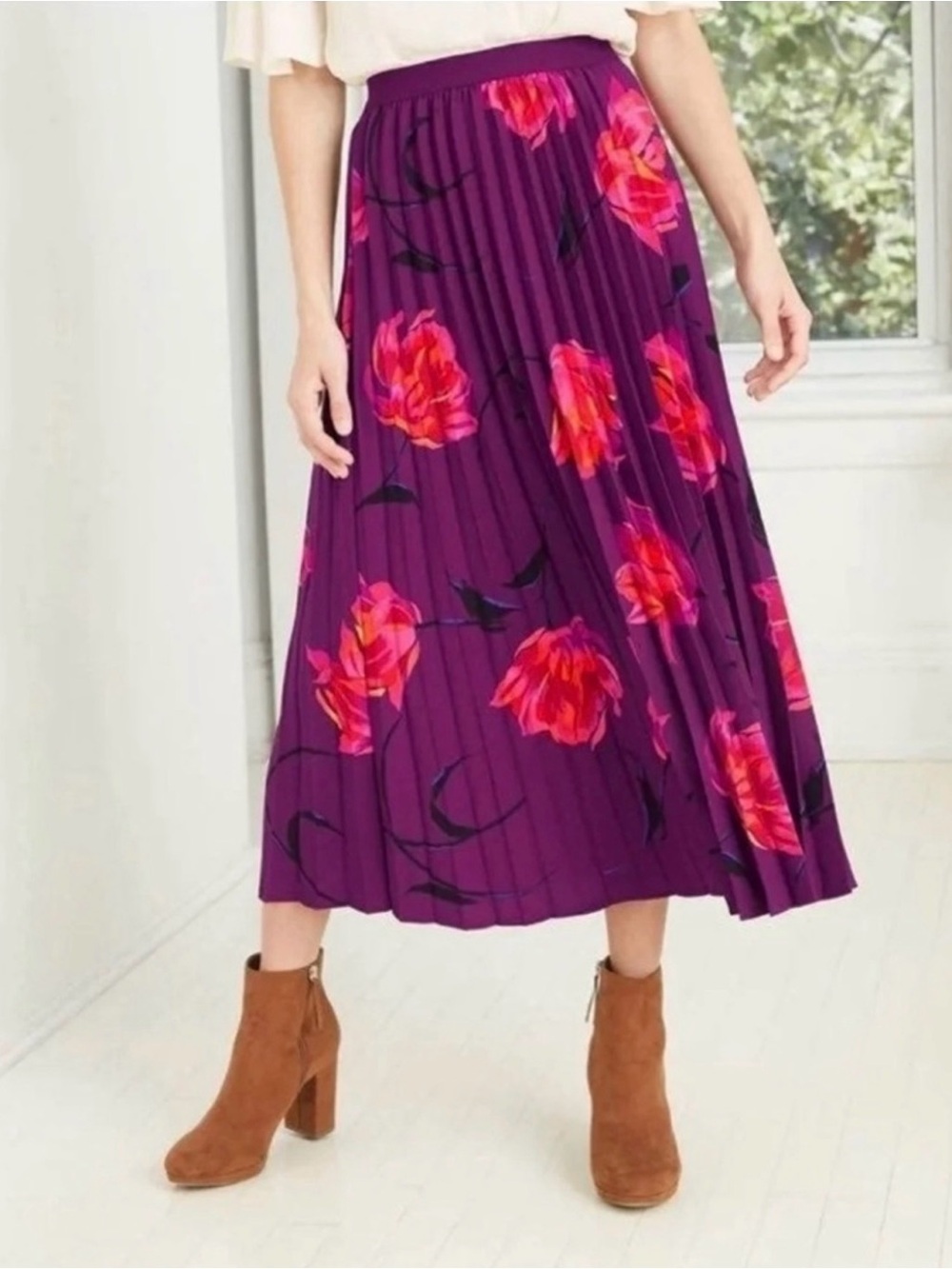 a new day Purple Pleated Midi Skirt with Pink Floral Print